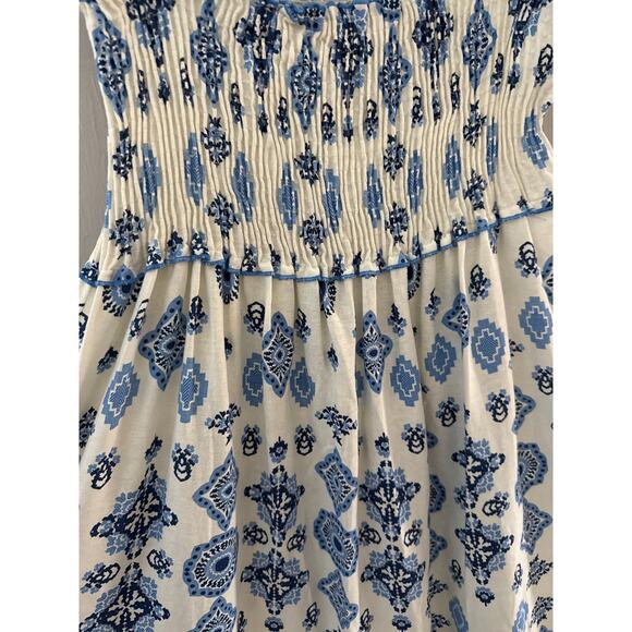 Zara Smocked Tie Strap Boho Linen Maxi Tiered‎ Dress Grecian Print Size Large - Picture 10 of 10